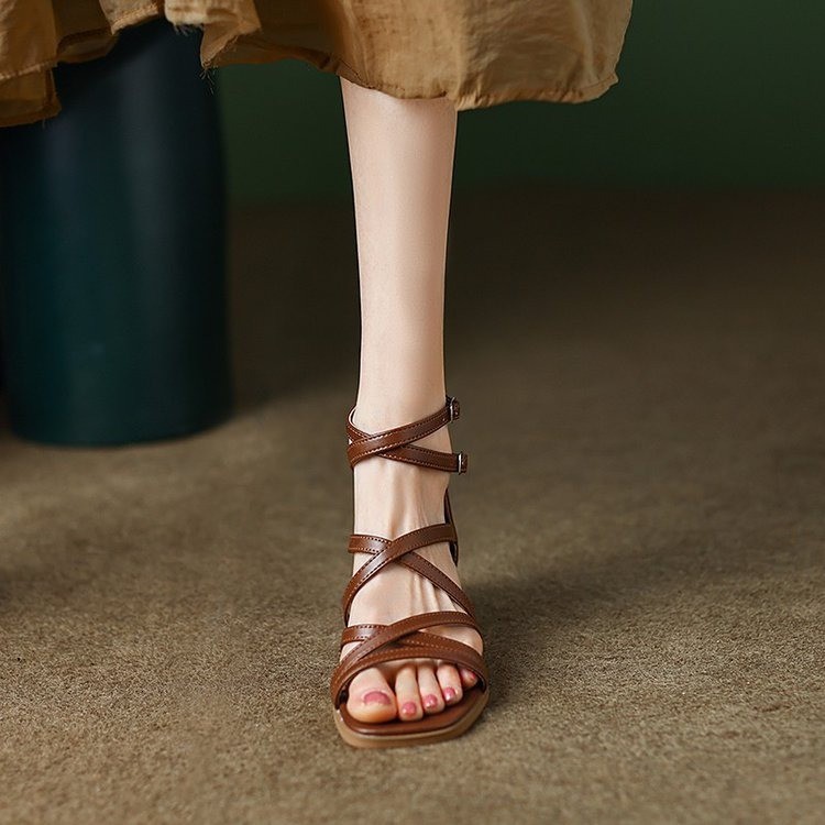Strap sandals for women's brown retro style thick heel design niche super high heel