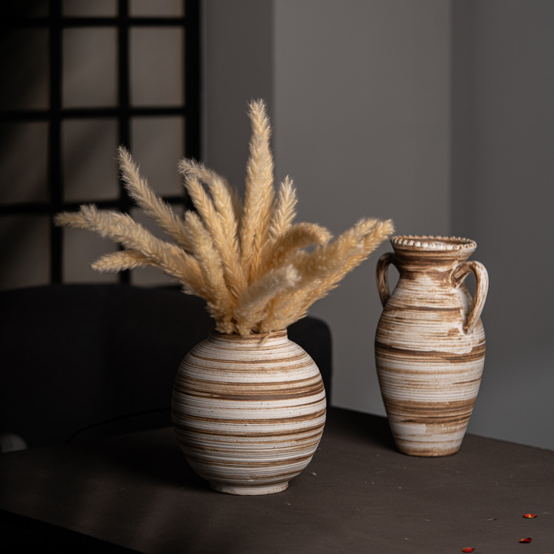 Simple Wasabi style stone pottery double-eared round pattern ceramic vase high-end light luxury home soft decoration ornaments